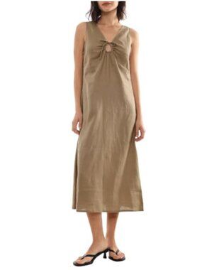 100% Linen Front Self Tie Midi Dress Sleeveless V-Neck